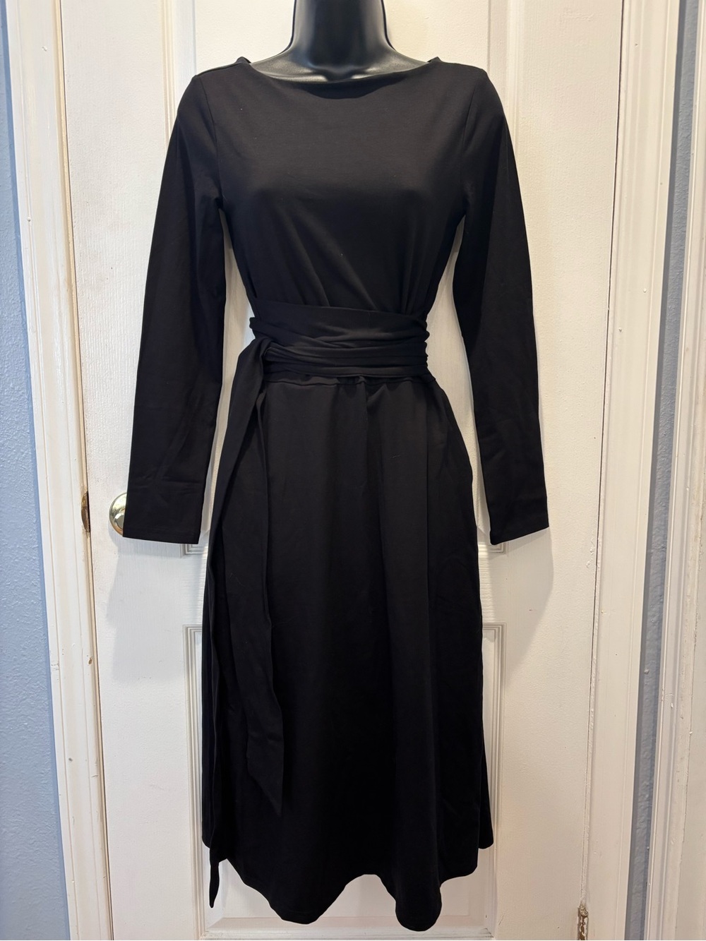 Pact Organic Cotton Stretch Jersey Black Long-Sleeve Wrap Waist Midi Dress XS